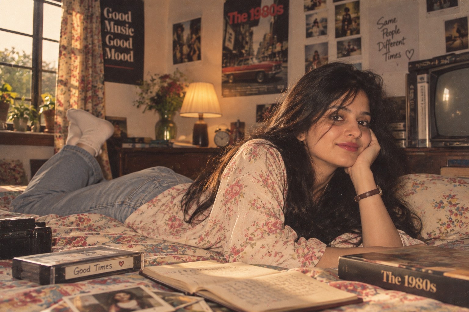 Young woman in a warm 1980s-inspired retro bedroom portrait